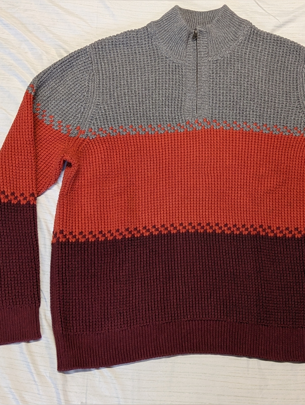 L.L.Bean Men's Cotton Waffle Sweater, Quarter Zip, Size XL, Red, Grey